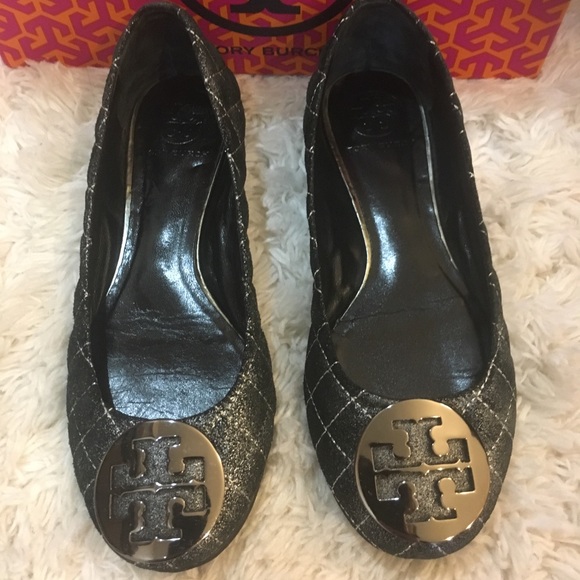 Tory Burch Shoes - Tory Burch quilted glitter black/silver flats